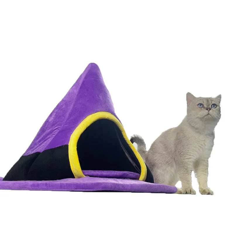 Purple cloth Halloween witch hat shaped cat nest bed for cats, shown with dimensions 60cm by 45cm.