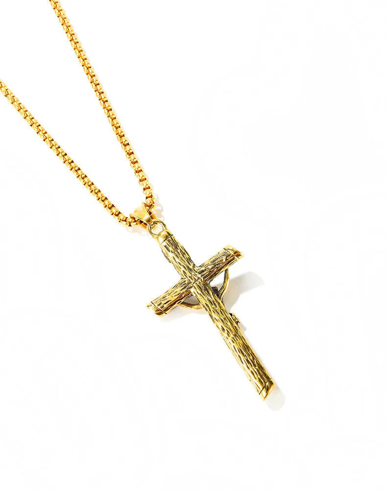 Christian cross pendant necklace on titanium steel pearl chain, bronze colour, unisex style