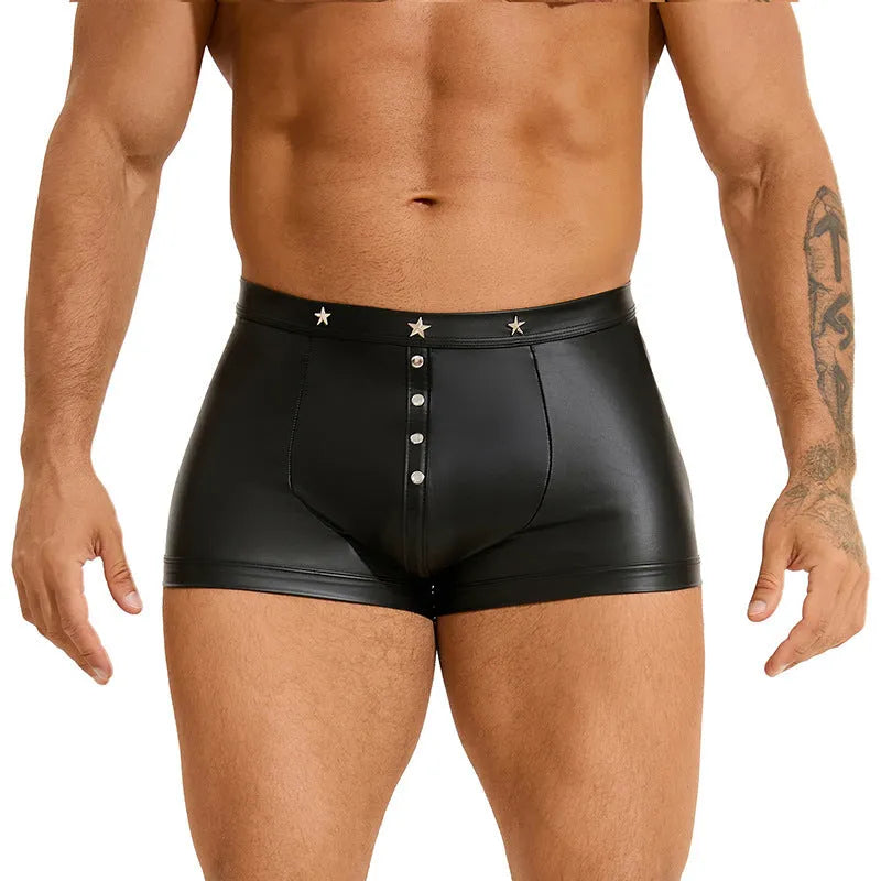 Black men's PU leather boxer shorts with a U pouch design laid flat.