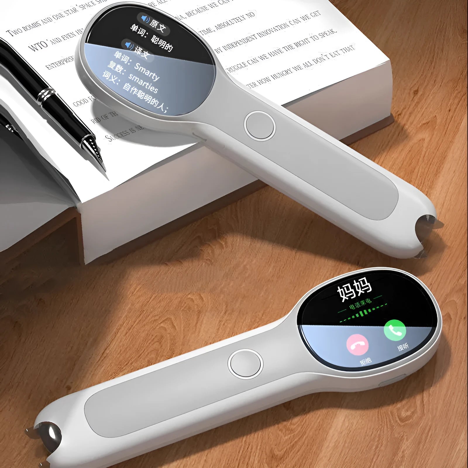 White Universal Reading Pen Basic Edition with USB cable for language learning.