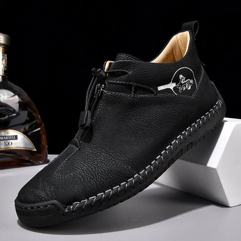 Men's casual leather shoes in four colours with round toe and mid heel height