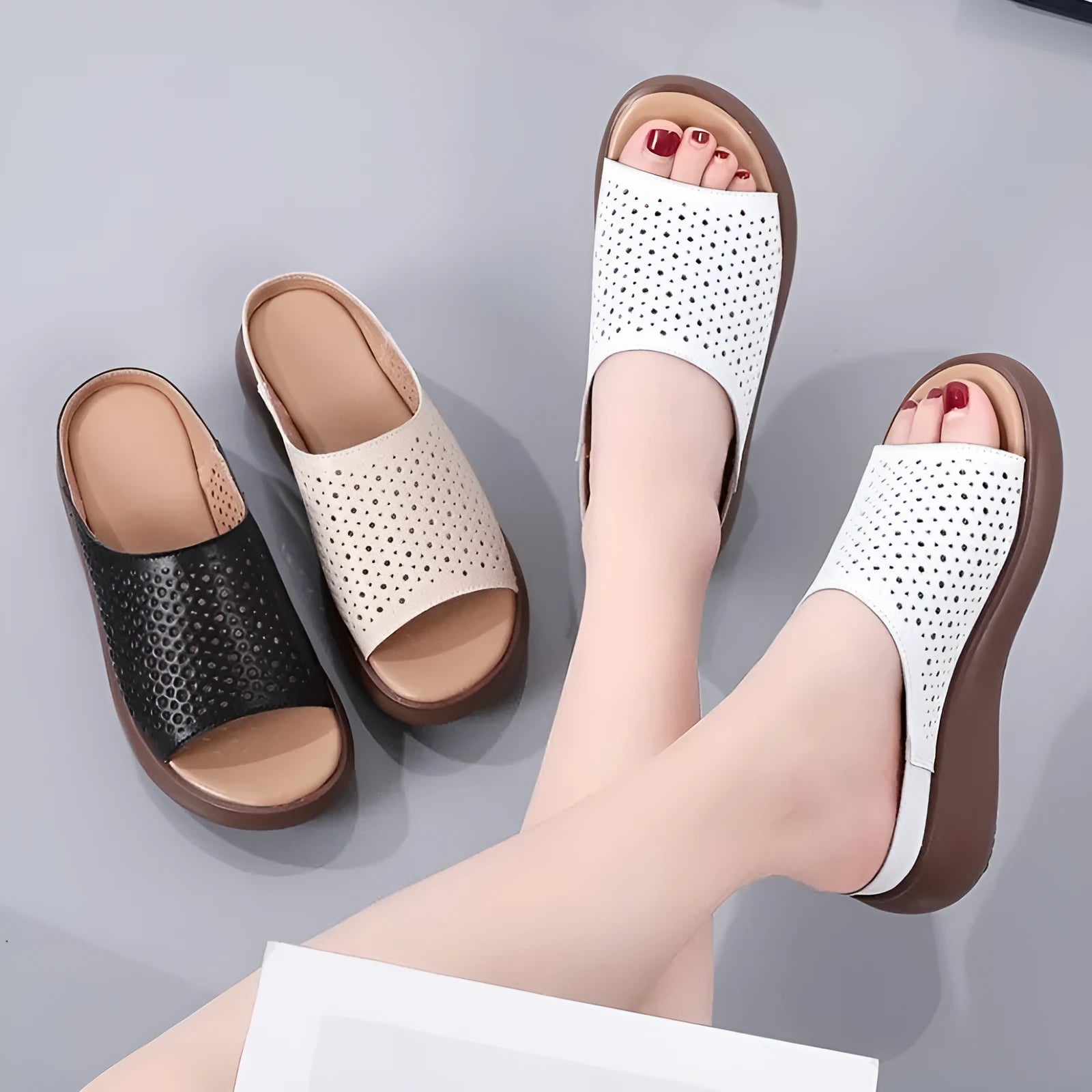 Women's peep toe rocking bottom platform heel slippers in beige with ethnic pattern, PU upper and rubber sole