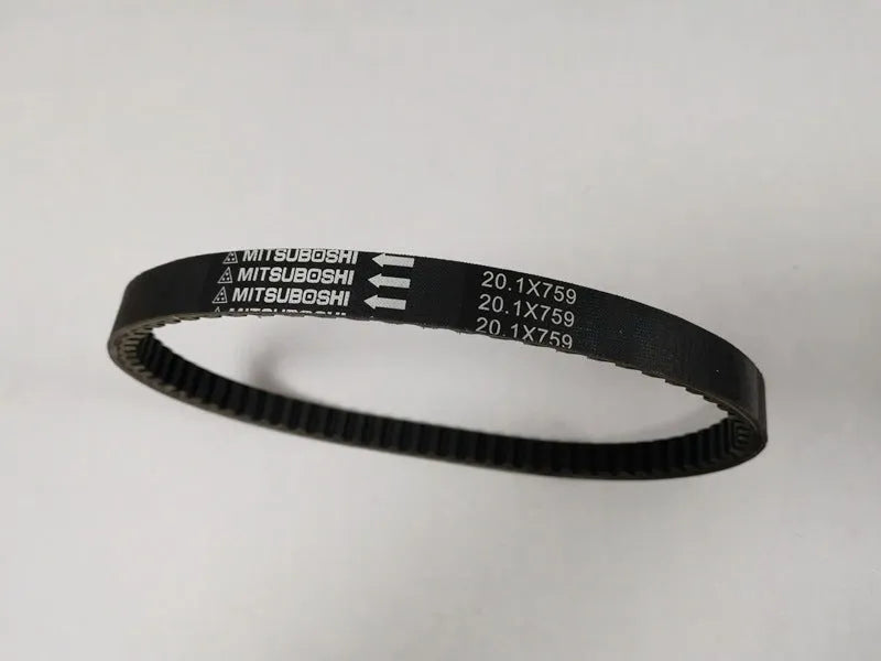 Black replacement drive belt for Guangyang Jili GP110 and Fengli VP110 pedal motorcycles.