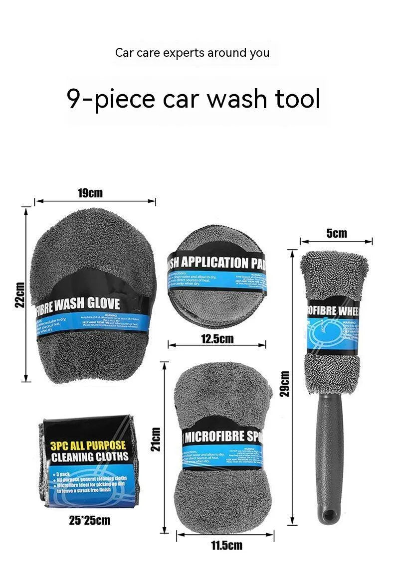 Nine-piece gray car wash cleaning set with gloves, sponge, brush, wipes, and microfiber towels