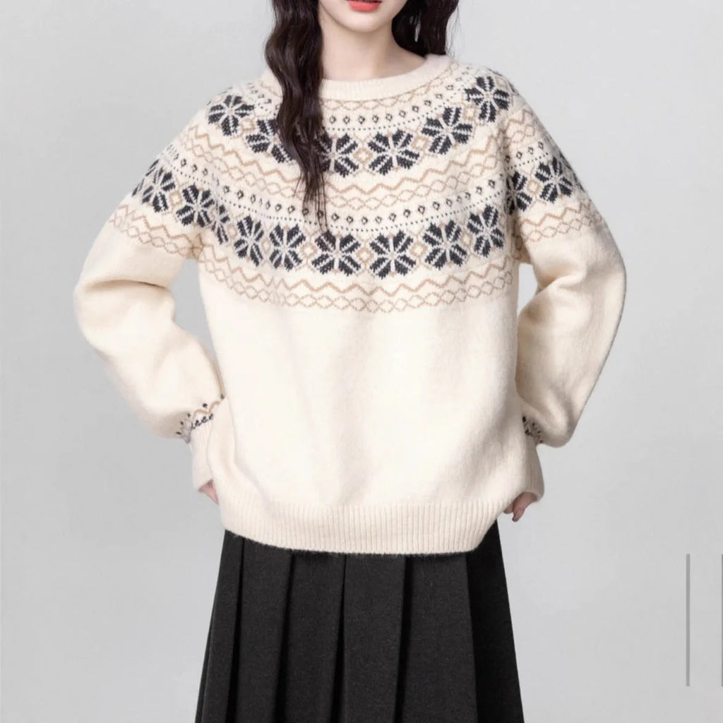 Women's milky white Fair Isle geometric pattern knitted pullover sweater with a crew neck and long sleeves.
