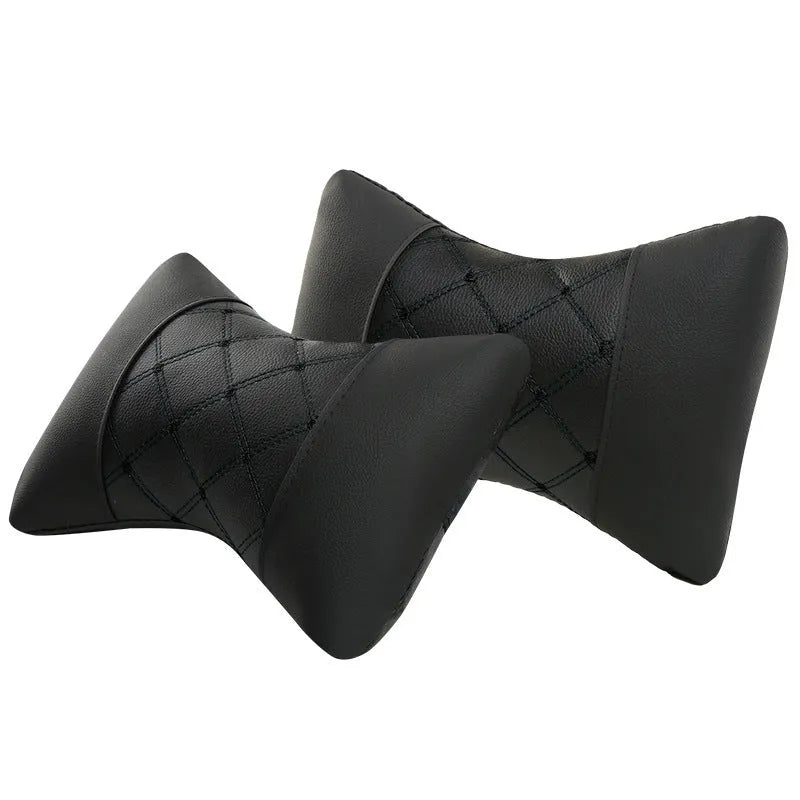 Black quilted diamond pattern car headrest neck pillow with contrasting piping options.