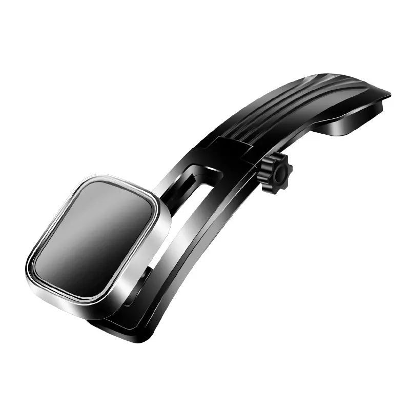 Magnetic car phone holder on dashboard with metal plate, 360° rotating arm, black and silver finish
