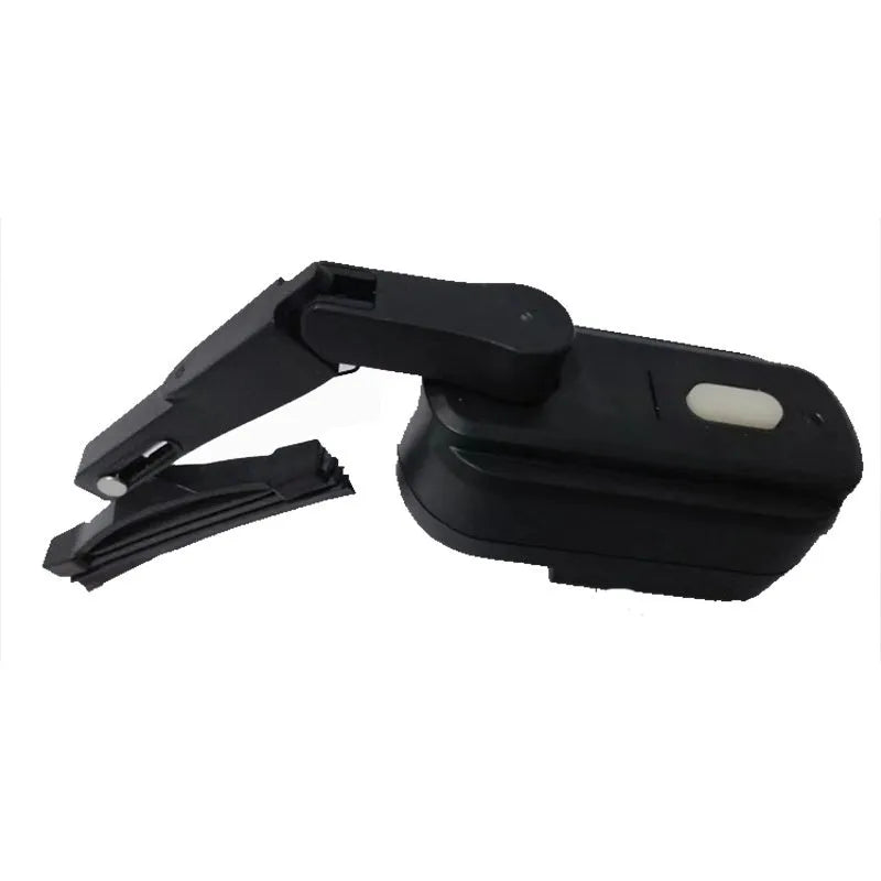Black plastic 800mA helmet wiper motor with attached 65mm rubber blade for motorcycle visors.