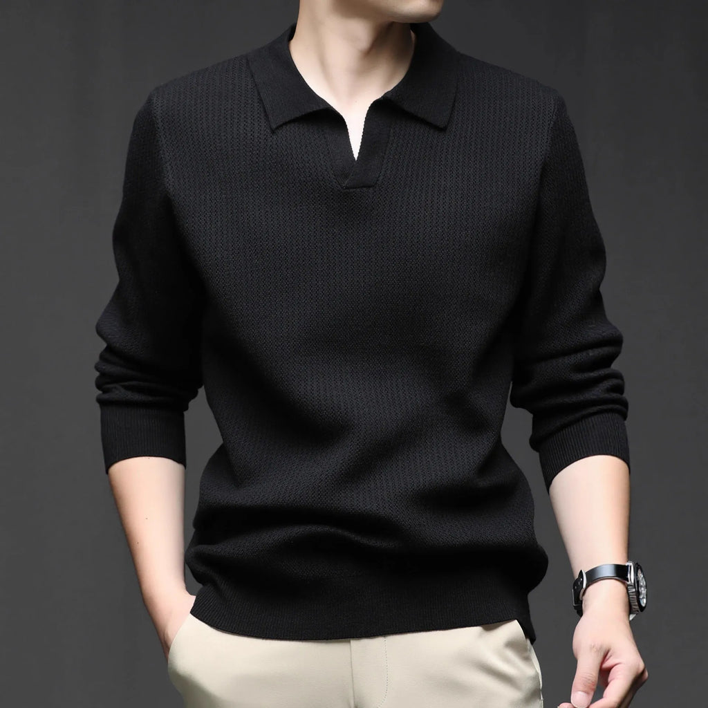 Men's loose fit casual pullover sweater in a camel colour, showing the front design.