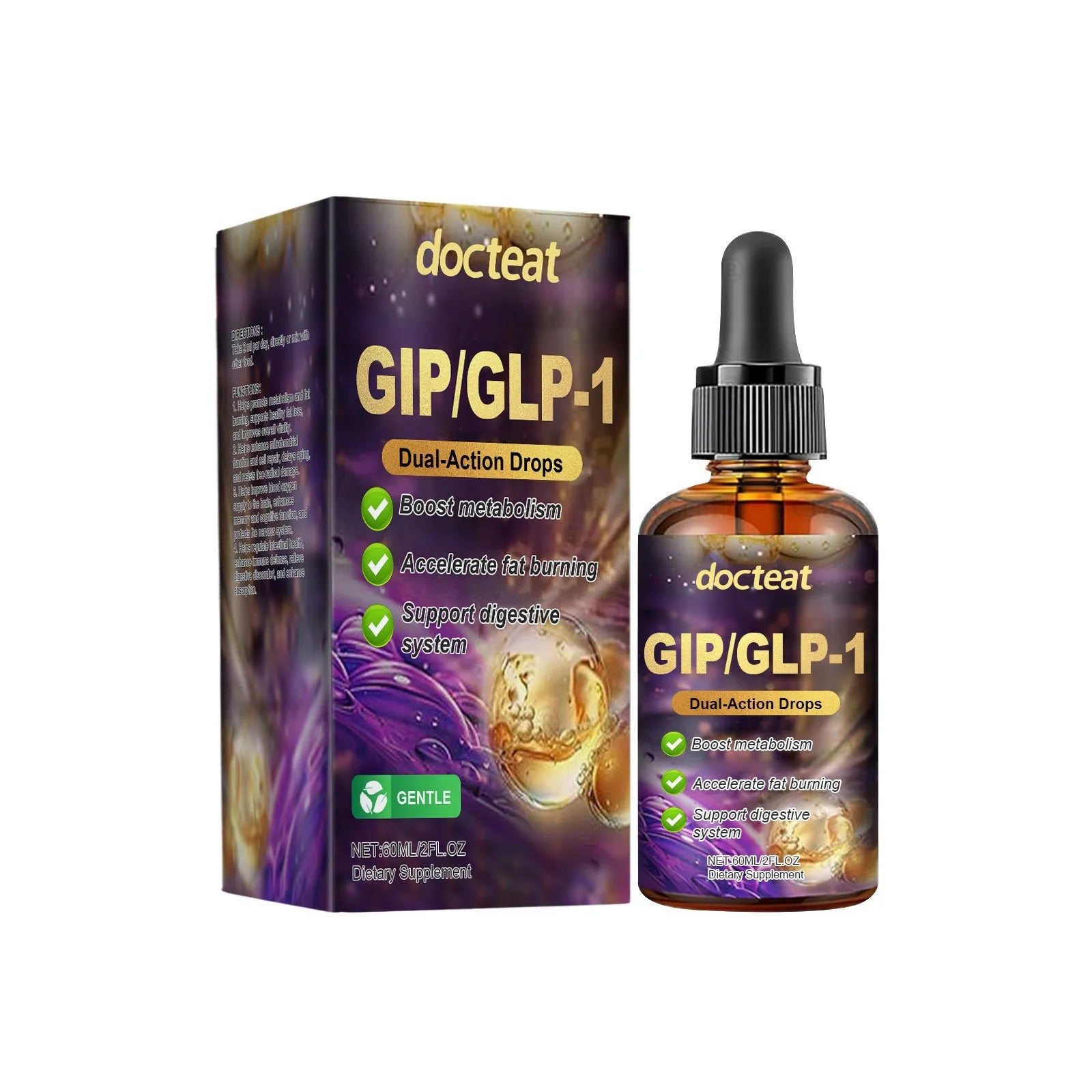 60ml bottle of balance relief supplement drops with a separate dropper on a white background.