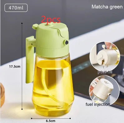 470ml glass oil sprayer and pour bottle in beige, black, green, and yellow colours with ergonomic handle