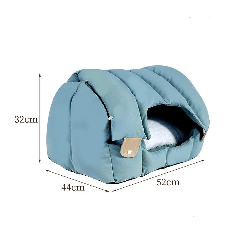 Grey arched cat nest with a detachable sofa base, showing enclosed pet bed design.