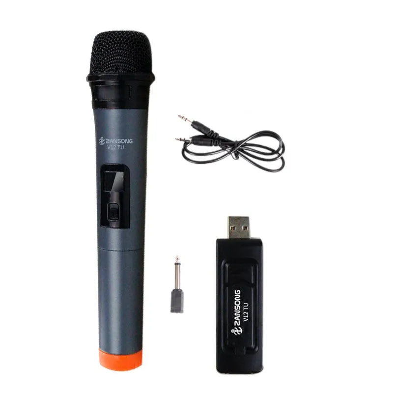Black V12 dynamic handheld wireless microphone with USB receiver and audio cable.