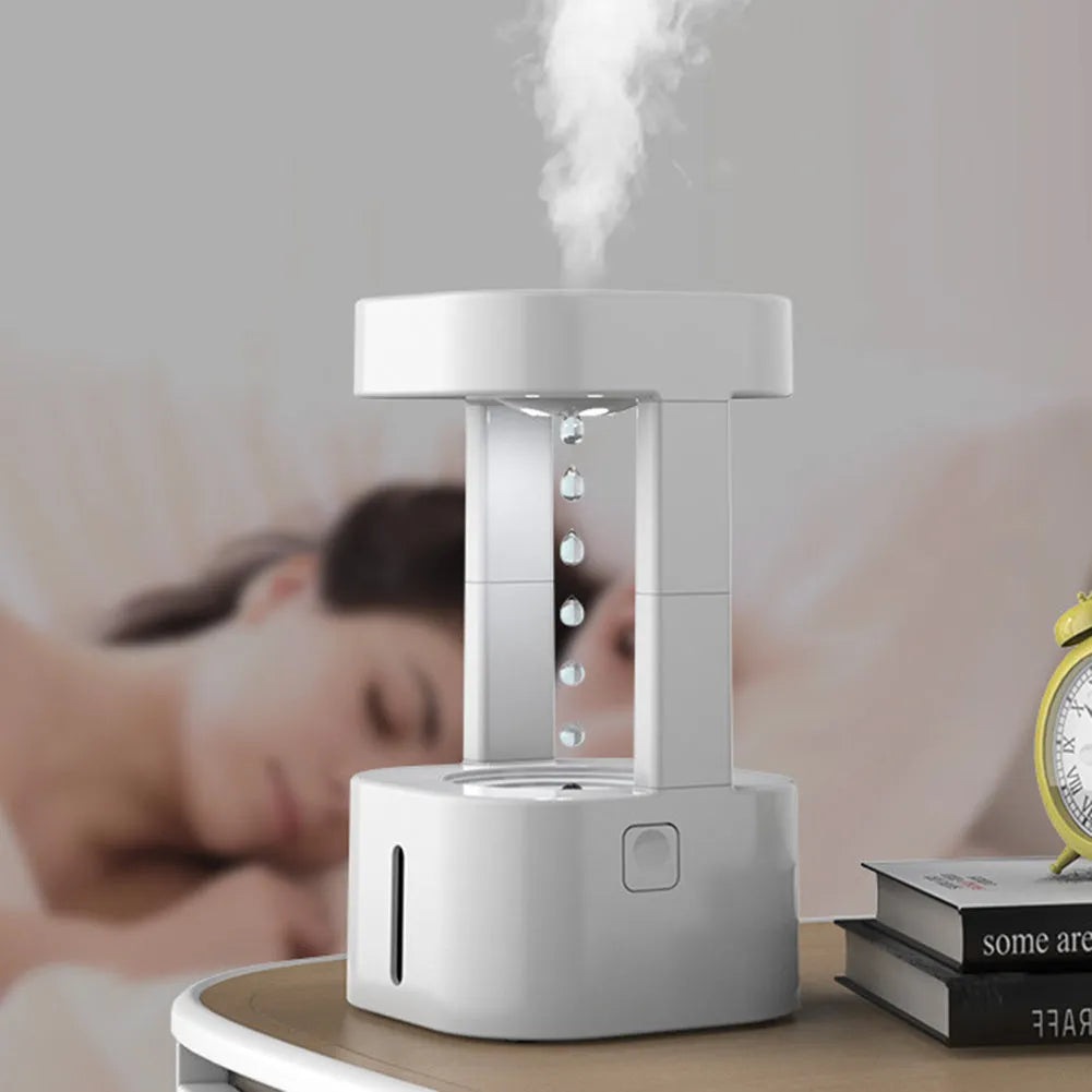 White portable humidifier with anti-gravity water droplet illusion and 580ml transparent tank