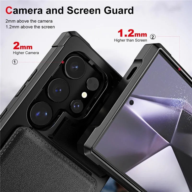 Samsung black PU TPU phone case with card slot and bracket on full cover drop-resistant design