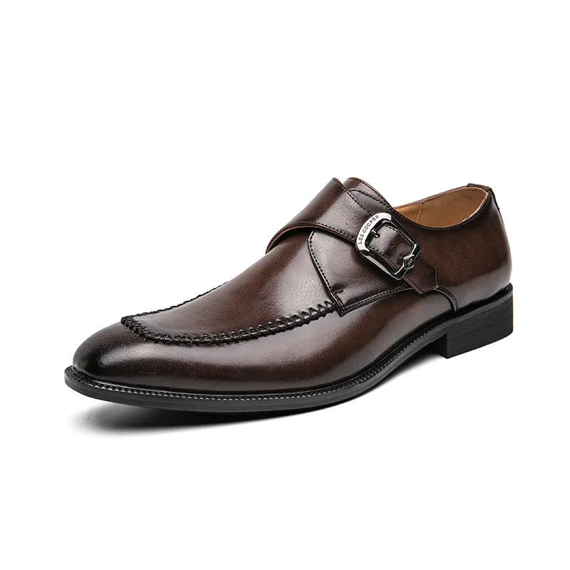 Men's square toe buckle casual leather shoes in black with stitched details and flat rubber sole