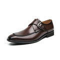 Men's square toe buckle casual leather shoes in black with stitched details and flat rubber sole