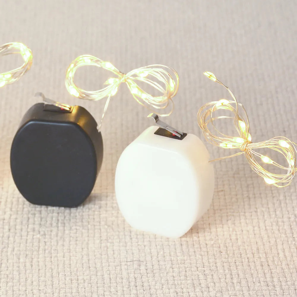 2 metre LED copper wire light string with battery box showing warm white and white light options