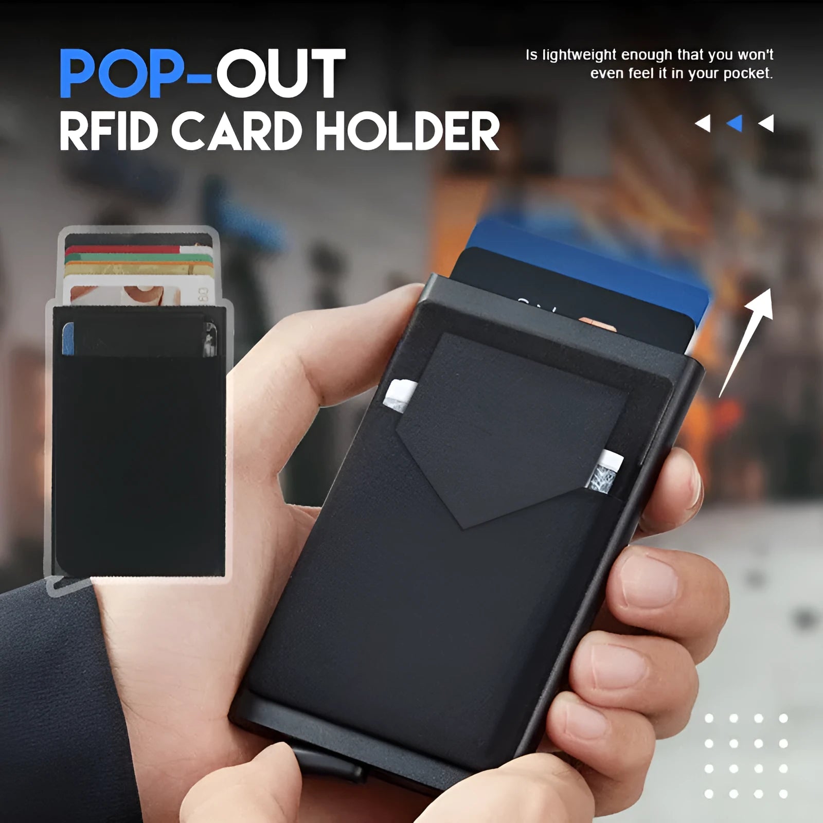 Slim aluminium credit card holder with frosted finish shown in various colours.