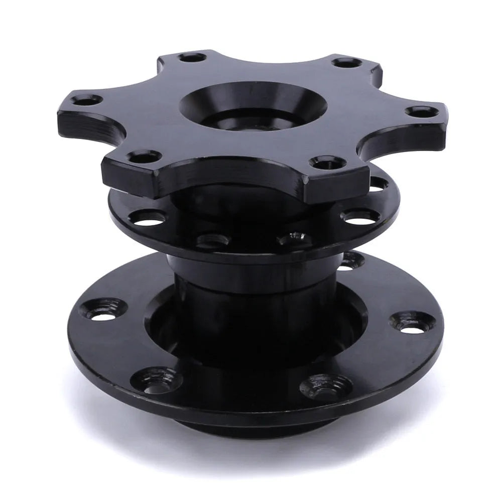 Car steering wheel quick release adapter in black, red, blue, silver, and gold colour options.
