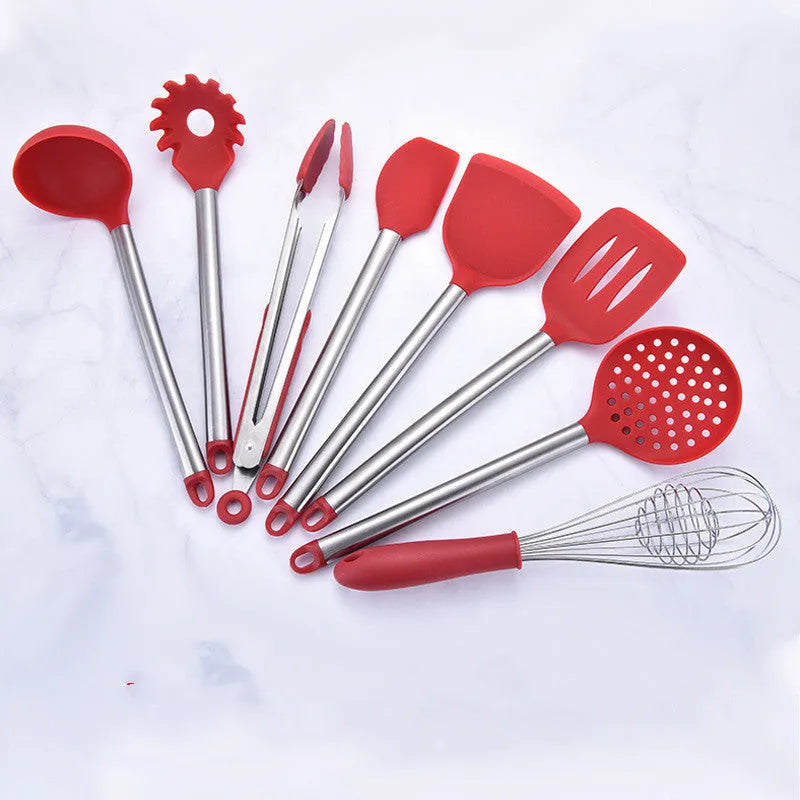 7 piece silicone kitchenware set with stainless steel tube handles including spatula, colander, and egg beater in red and black
