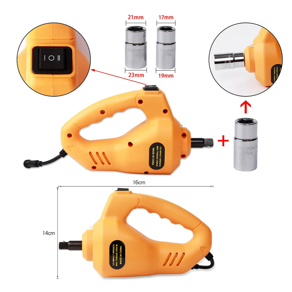 Yellow steel car jack set with electric wrench for automotive tyre changes