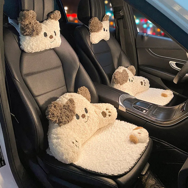 Car seat headrest and lumbar support pillow set in cartoon style with plush fabric