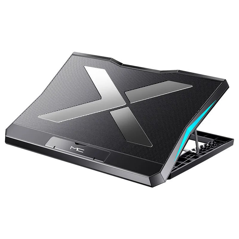 Black laptop cooling base with metal mesh surface and six fans on a desk