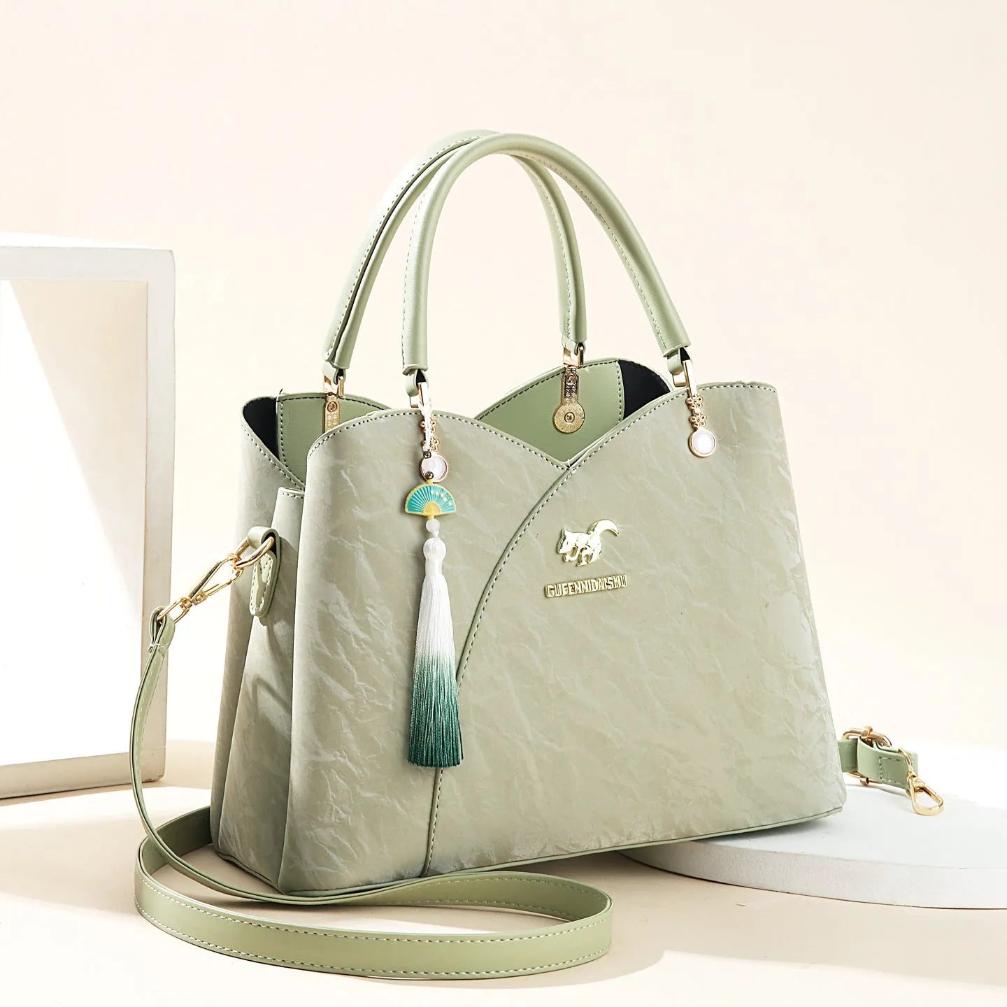 Women's soft PU messenger bag in horizontal square shape with sewing thread detailing