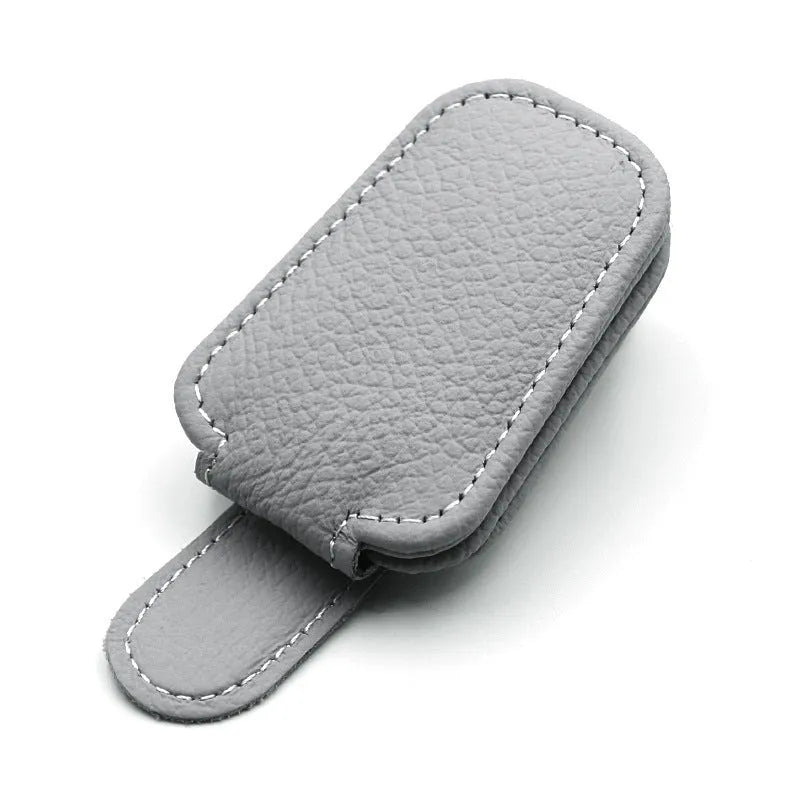 Car sunglasses holder with clip for sun visor mounting in PU leather