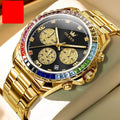 Multi-functional three-eye quartz men's watch with stainless steel strap and rose gold face on white background