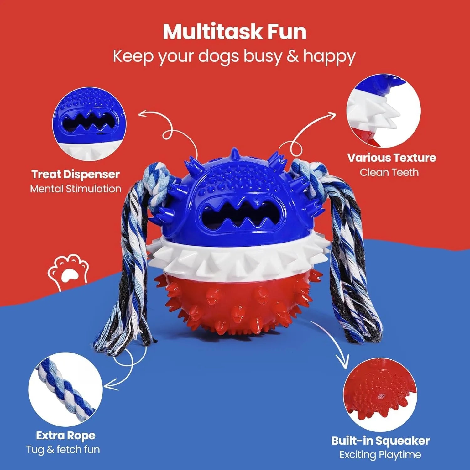 Blue and red ball-shaped dog chew toy with rope and treat dispenser hole on green grass
