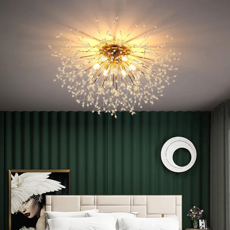 Dandelion pattern crystal ceiling lamp with wrought iron frame and chrome finish