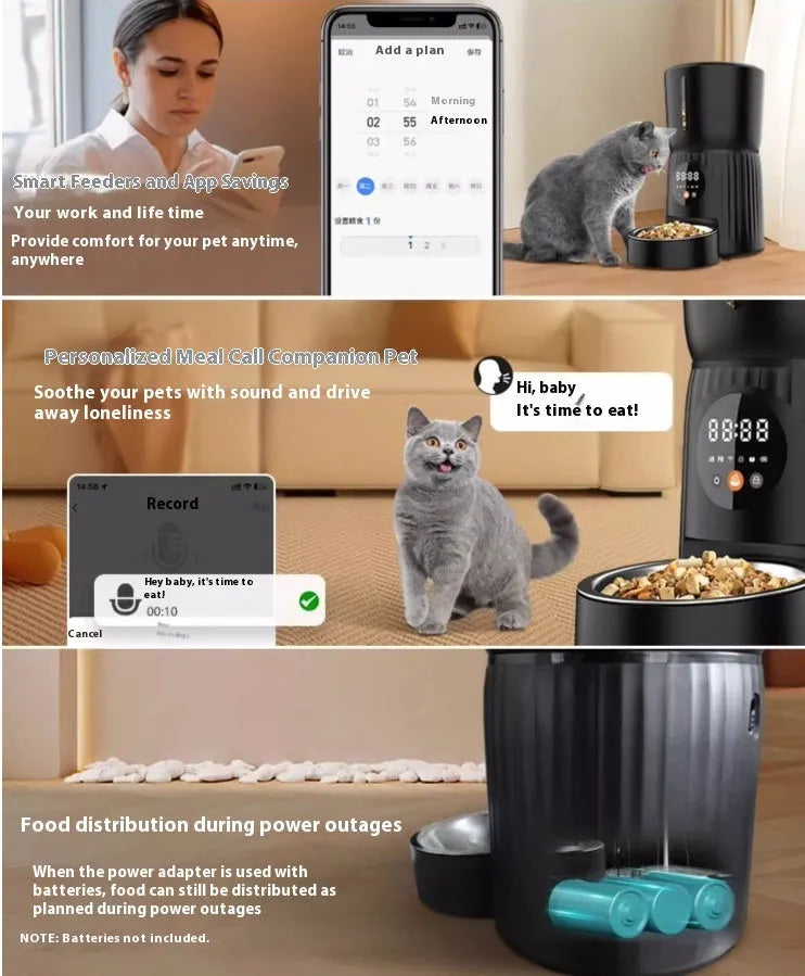 Black and white automatic pet feeder with digital timer and USB cable for remote, portion-controlled feeding.