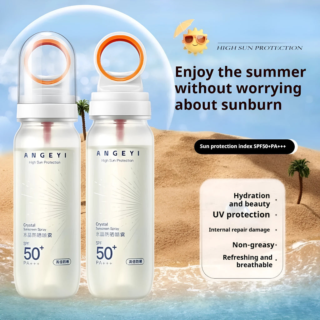 SPF50 sunscreen spray for military training with 90ml container showing spray application