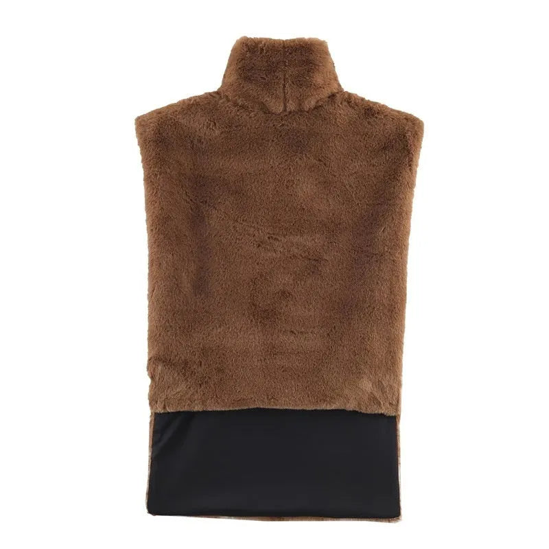 Casual women's furry half-turtle neck sleeveless top in black, short length polyester