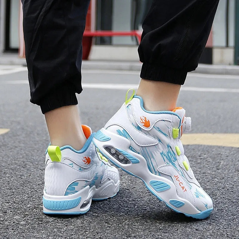 Children's rotating button basketball shoes in synthetic leather, showing waterproof design and colour options.