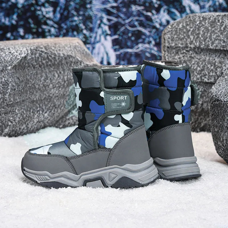 Children's high-top cotton boots in camouflage colour with hook-and-loop strap