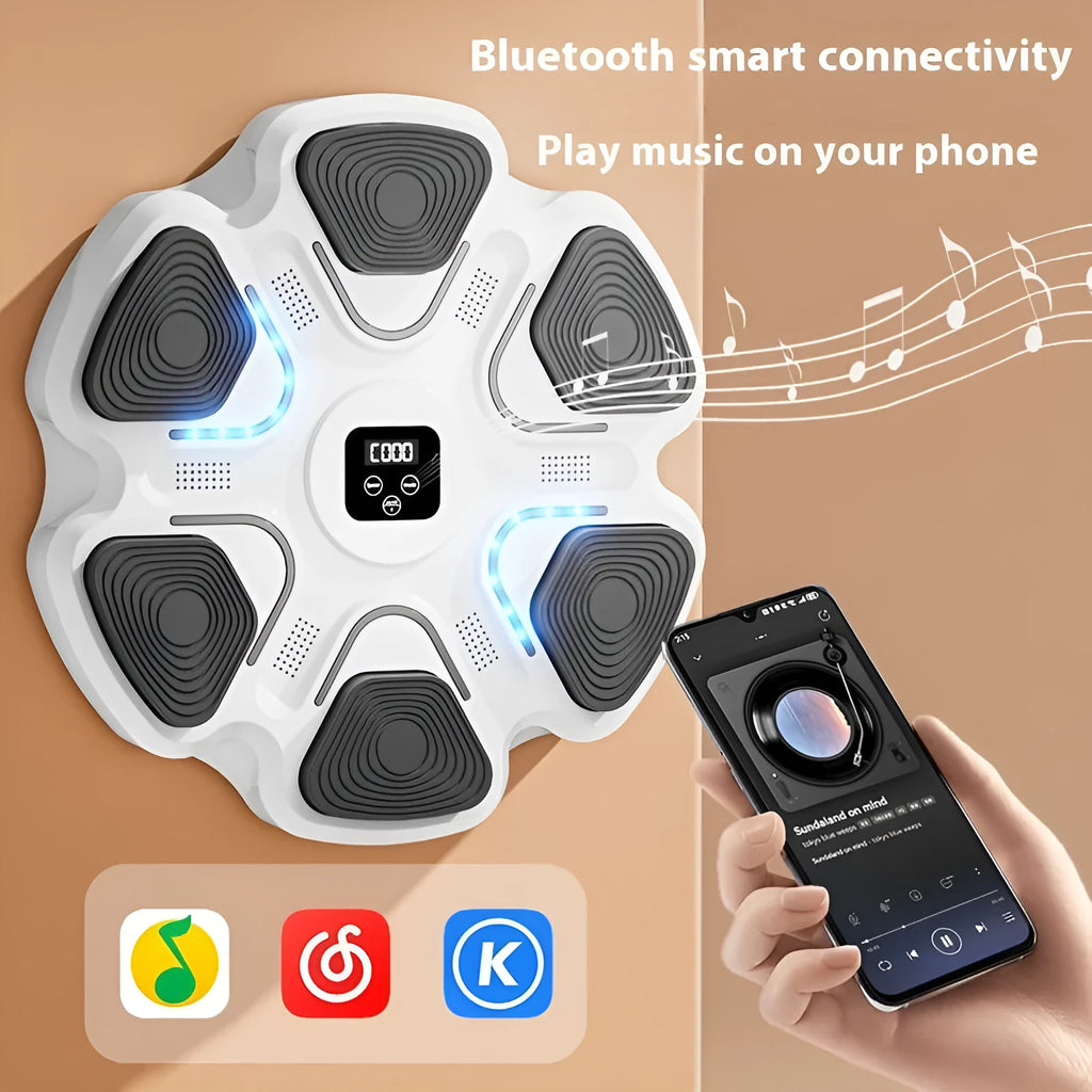 White smart music boxing machine wall target with focus gloves mounted on a wall.