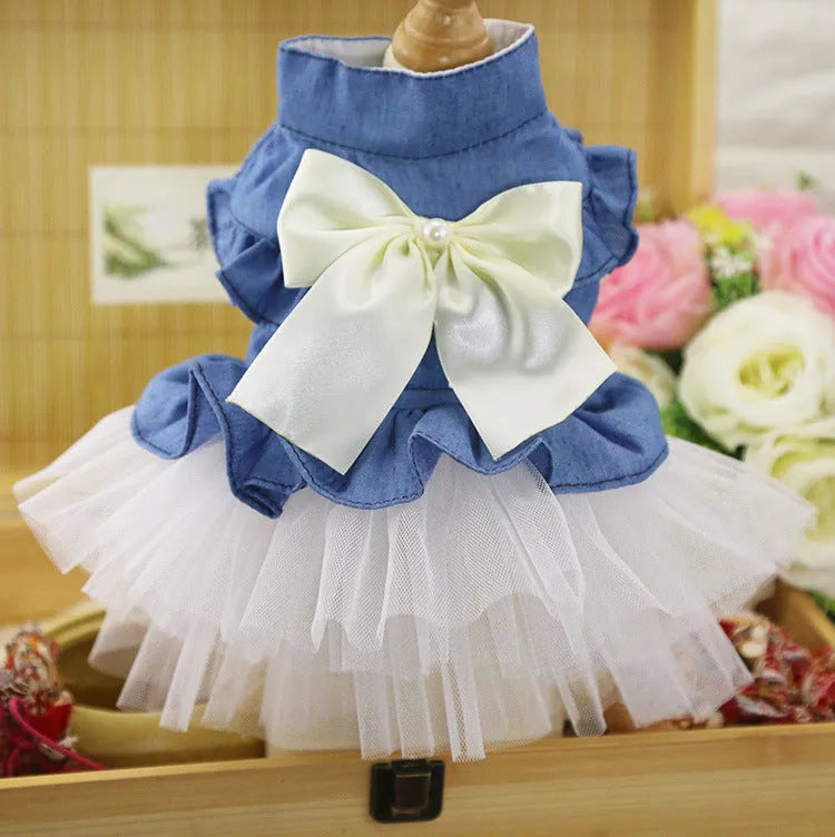 Korean version creative bow pet denim skirt in pink or white yarn for dogs
