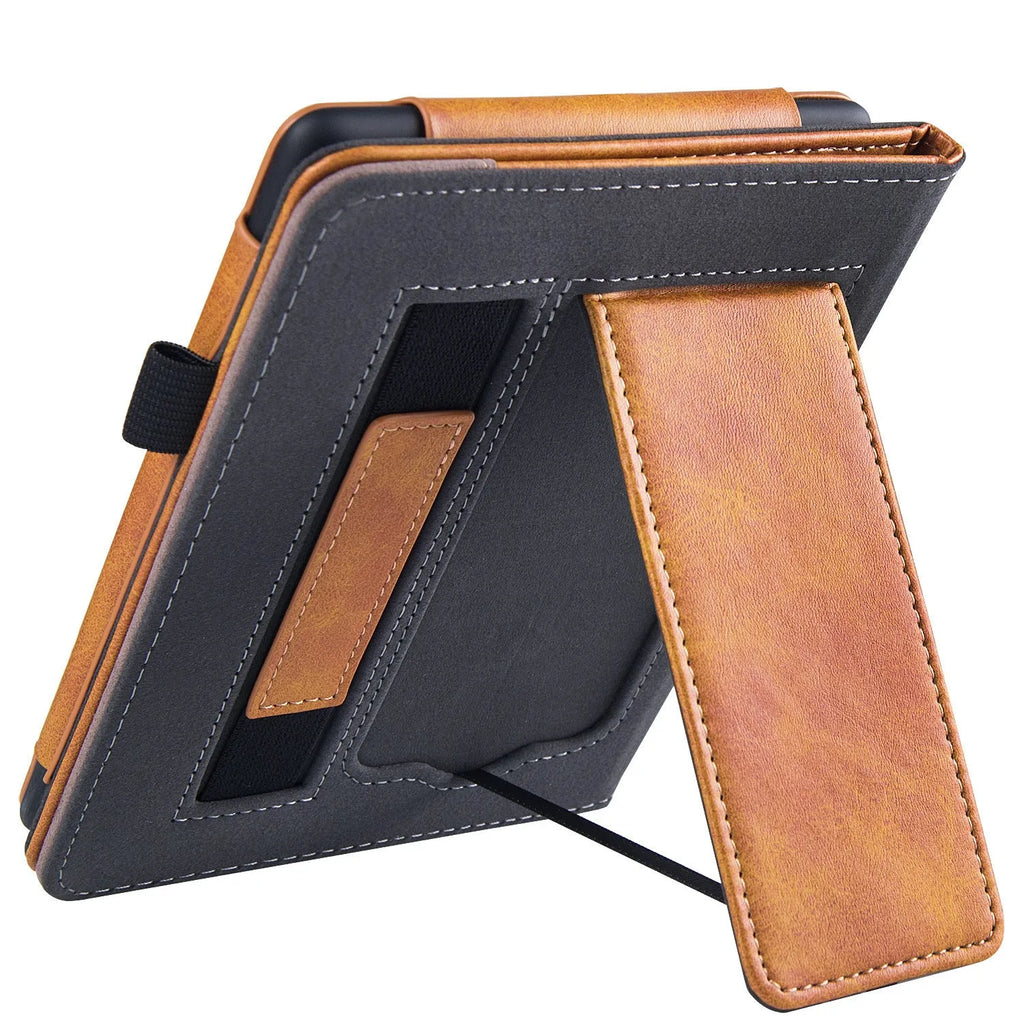 Calf leather Kindle Paperwhite11 case with wrist strap bracket and microfiber lining.