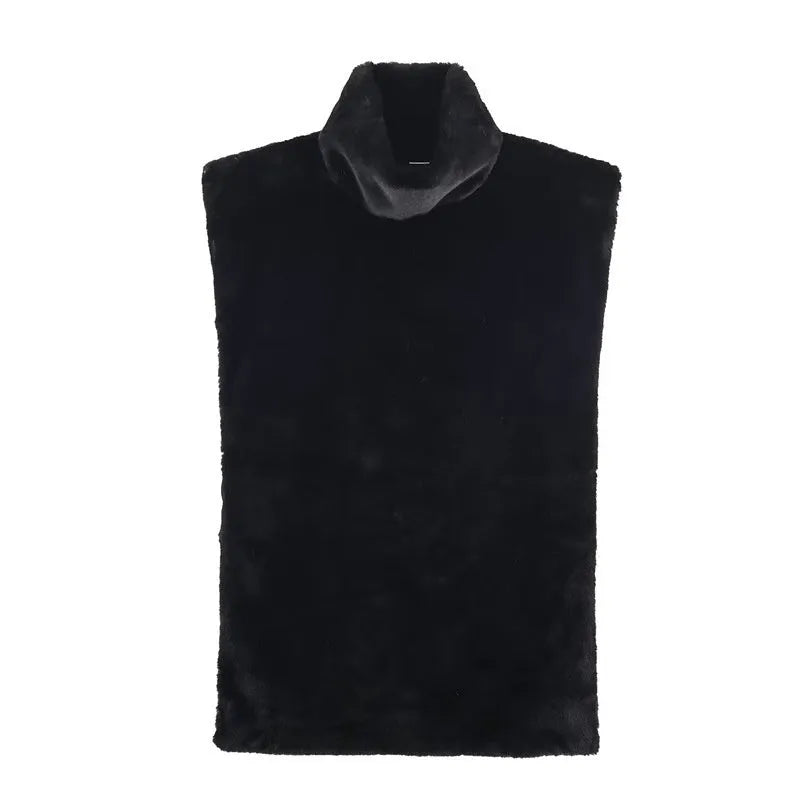 Casual women's furry half-turtle neck sleeveless top in black, short length polyester