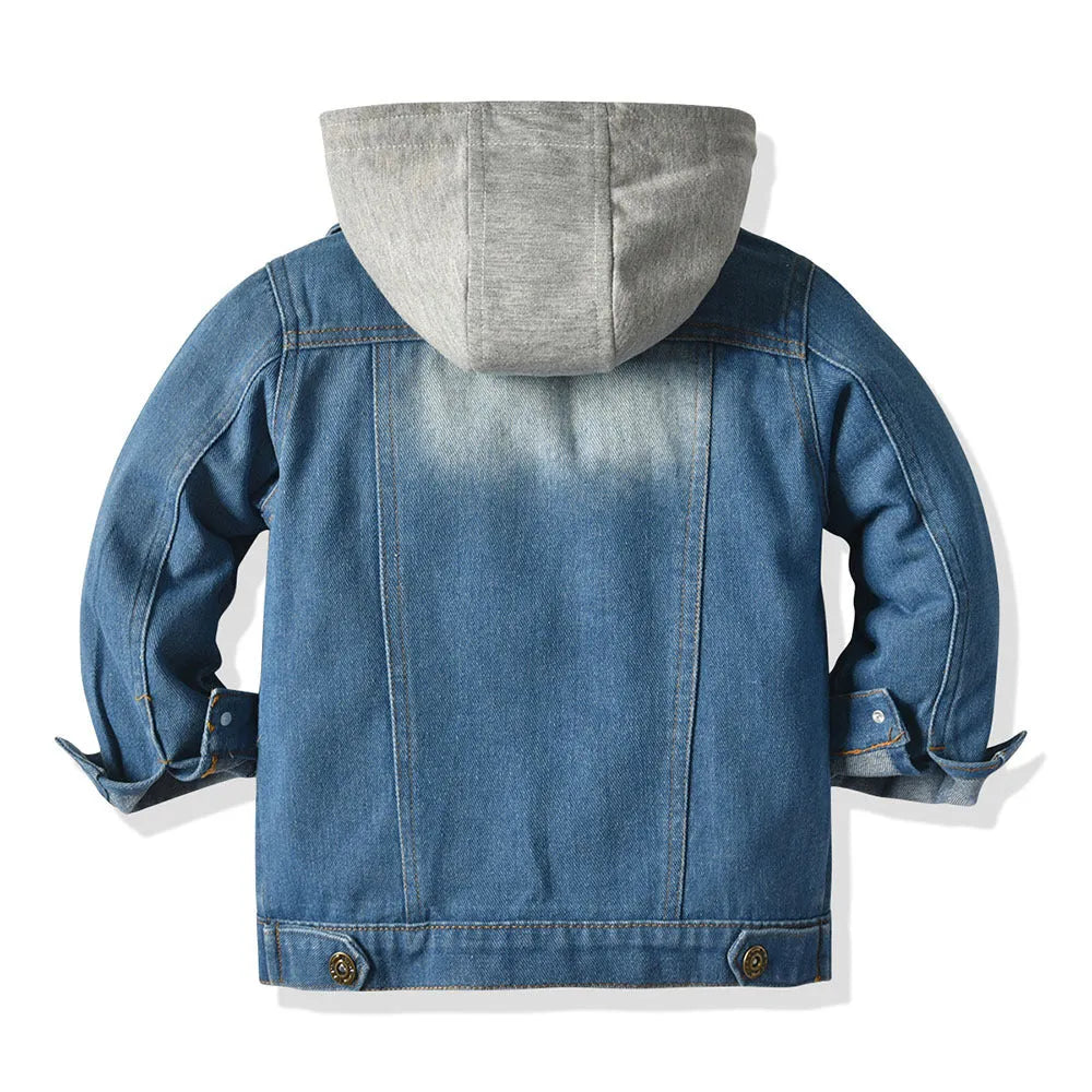 Children's black hooded casual jacket with fake two-piece denim styling and lapel collar