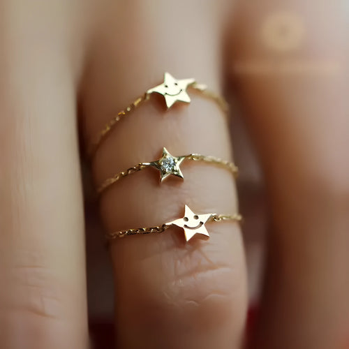 18K yellow gold adjustable star ring with two diamonds on hand, women's light luxury design