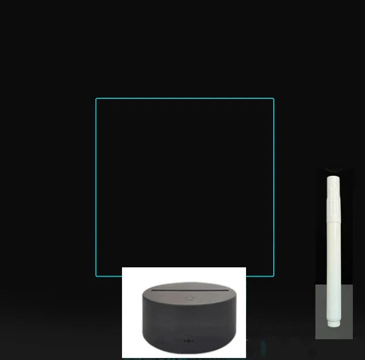3D acrylic LED message board with touch control, black ABS base, USB cable, and stylus pen on desk