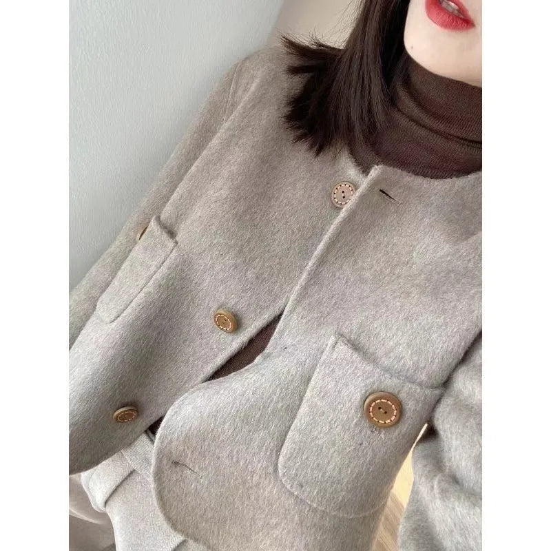 French style Kafuu double-sided reversible coat for women in khaki colour loose fit polyester