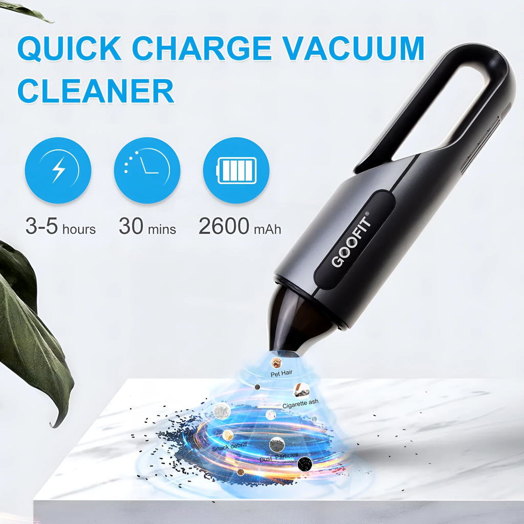 Black portable wireless car vacuum cleaner with brush and flat attachments for vehicle interior cleaning