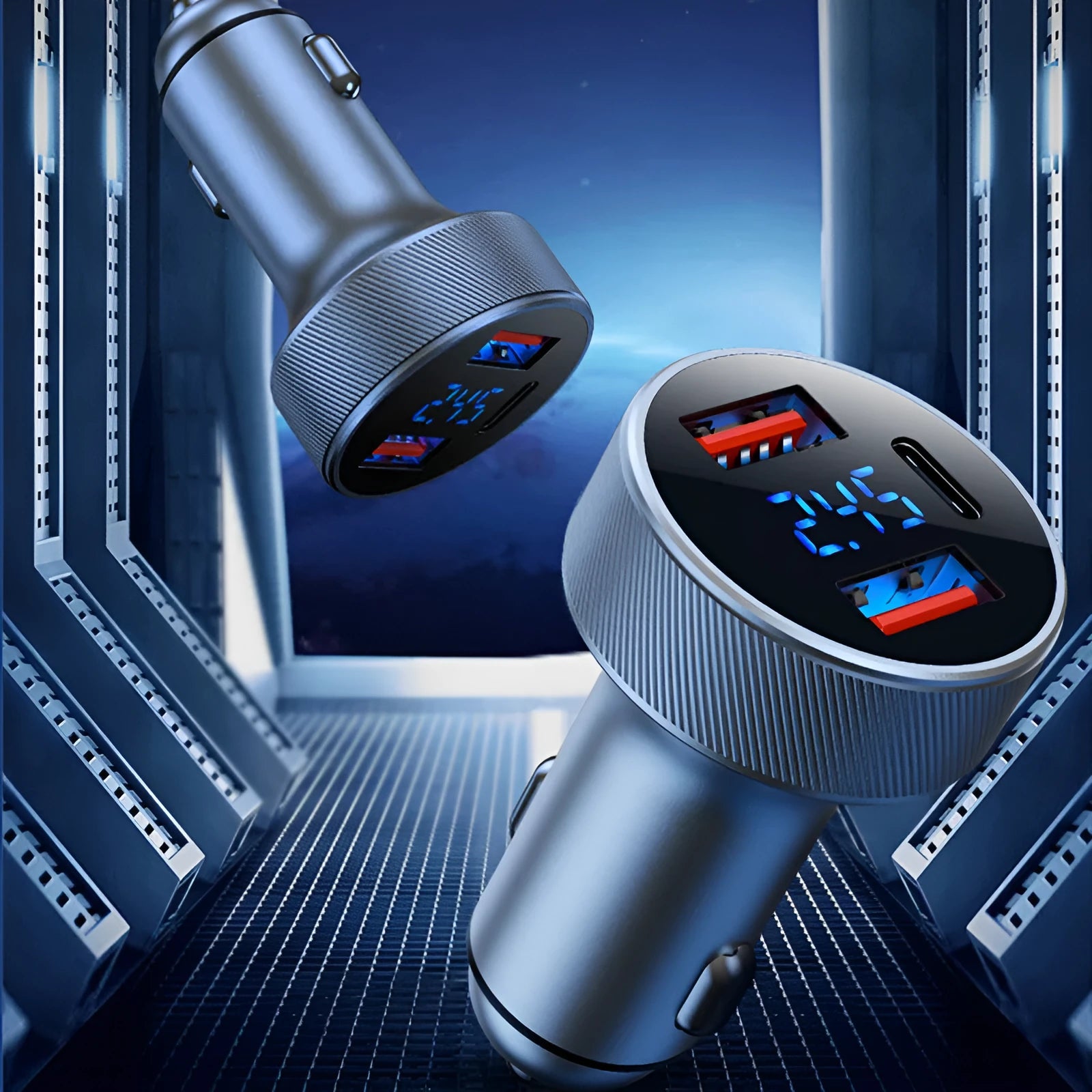 Black aluminium alloy car charger with digital display showing voltage reading, featuring USB-C ports and cigarette lighter socket