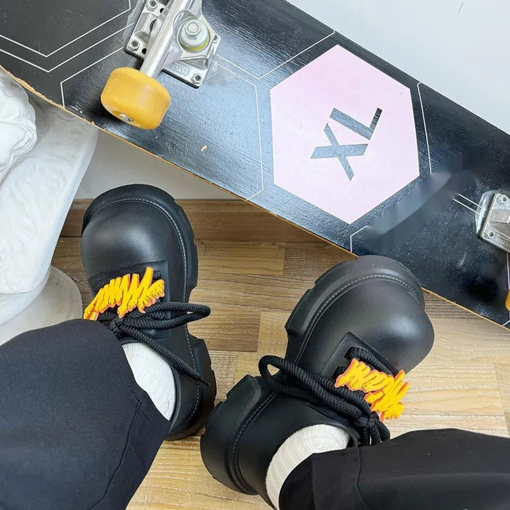 Black casual shoes with a thick EVA sole for height increase, shown from a side angle.