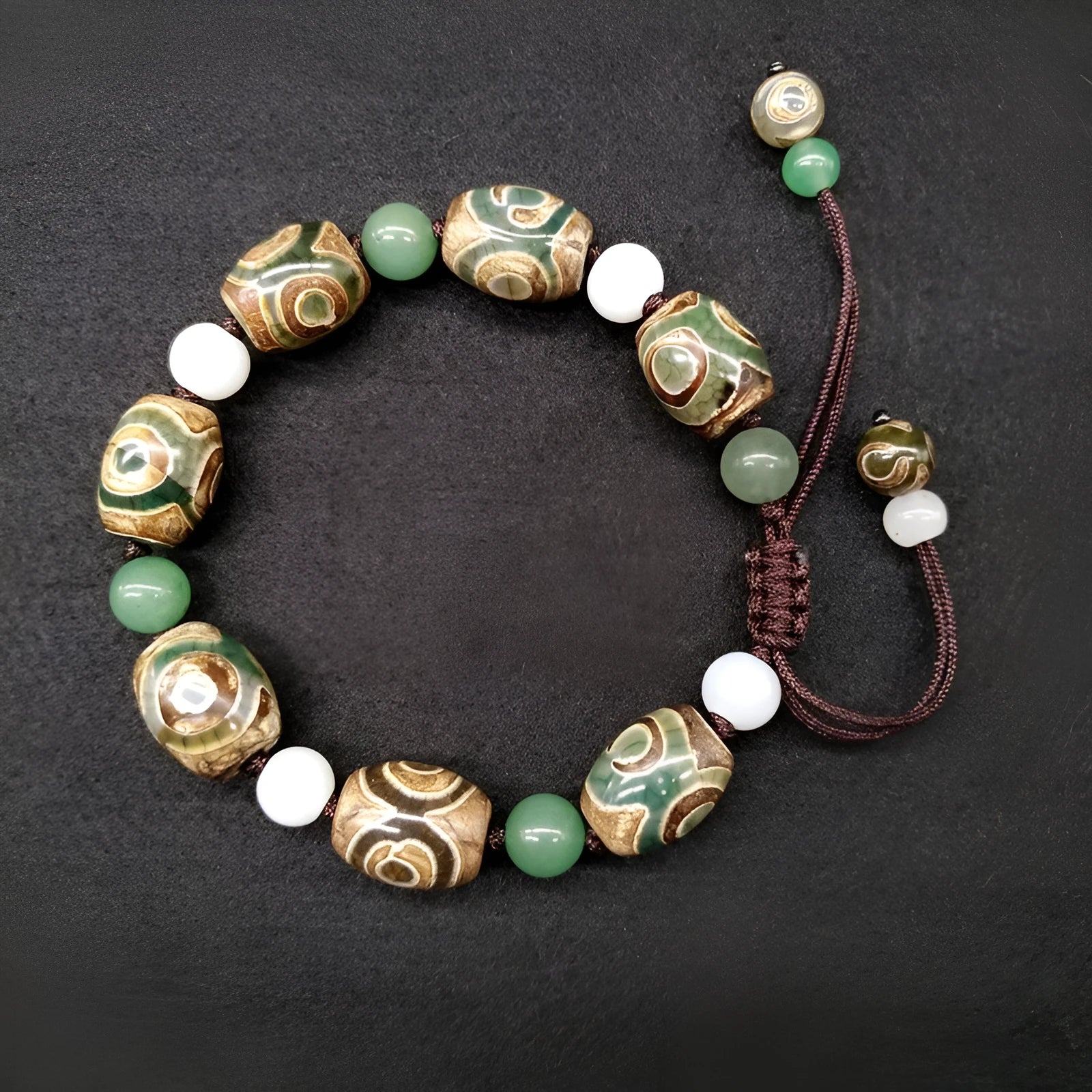Green agate Tibet beads bracelet with hand-woven ethnic style and geometric patterns